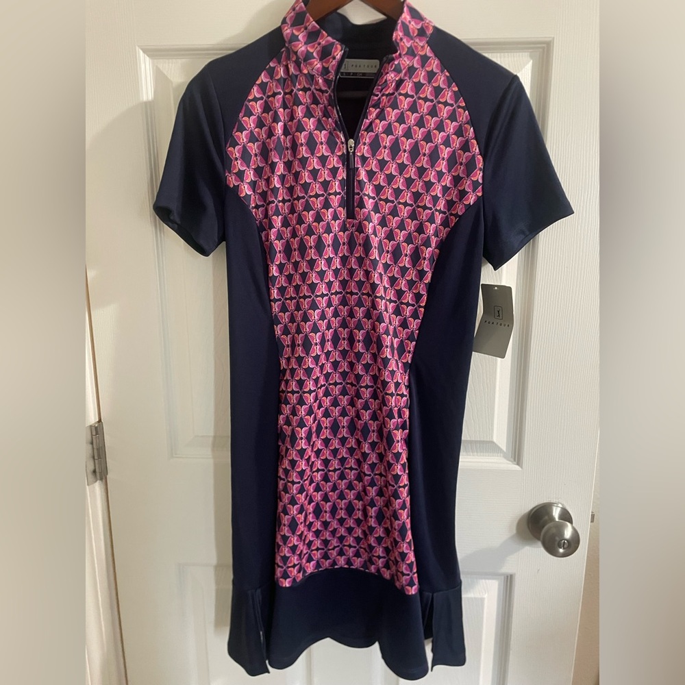 NWT PGA Tour Pink and Navy Bird Pattern Dress Small